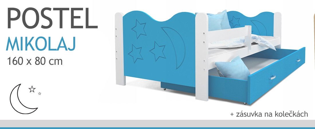Detská jednolôžková posteľ MIKOLAJ 160x80 cm BIELA-MODRÁ