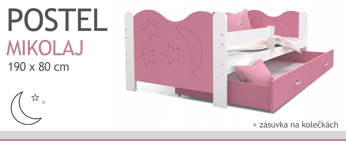 Moderní dětská postel MIKOLAJ Color 190x80 cm BÍLÁ-RŮŽOVÁ