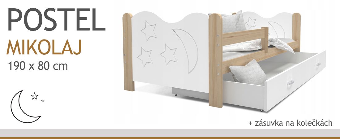 Detská jednolôžková posteľ MIKOLAJ 190x80 cm BOROVICA-BIELA