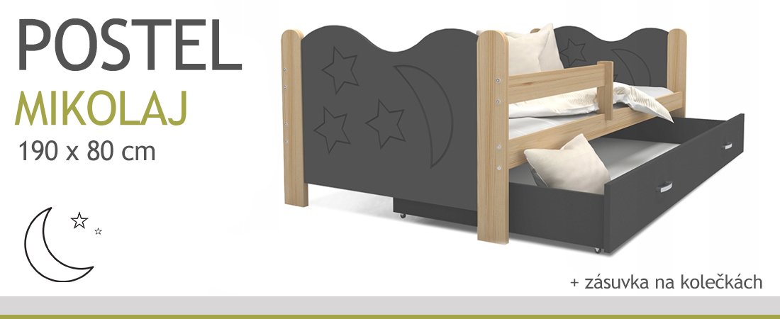 Detská jednolôžková posteľ MIKOLAJ 190x80 cm BOROVICA-SIVÁ