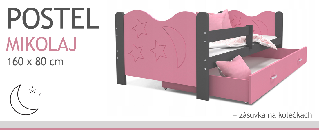 Moderní dětská postel MIKOLAJ Color 160x80 cm ŠEDÁ-RŮŽOVÁ