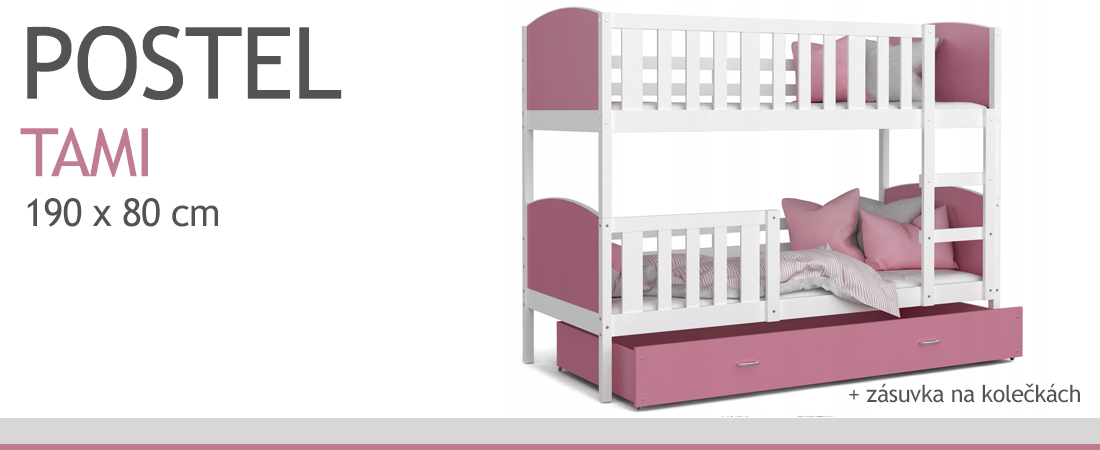 Detská poschodová posteľ TAMI 80x190 cm s bielou konštrukciou v ružovej farbe