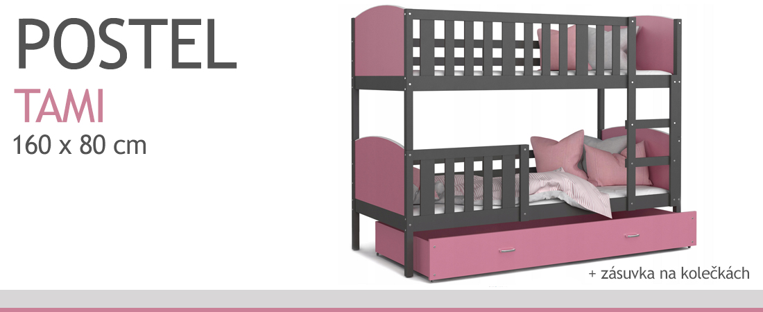 Detská poschodová posteľ TAMI 80x160 cm so šedou konštrukciou v ružovej farbe