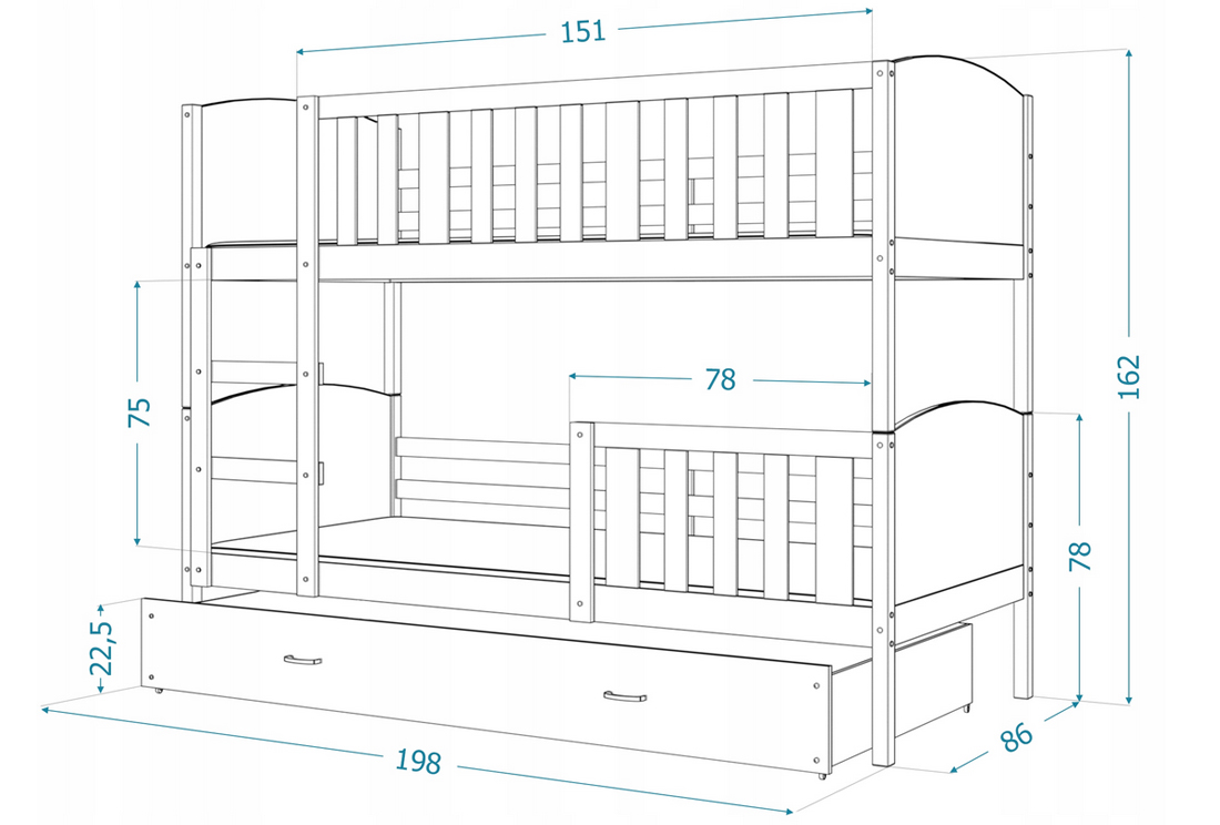 Detská poschodová posteľ TAMI 80x190 cm s bielou konštrukciou v šedej farbe
