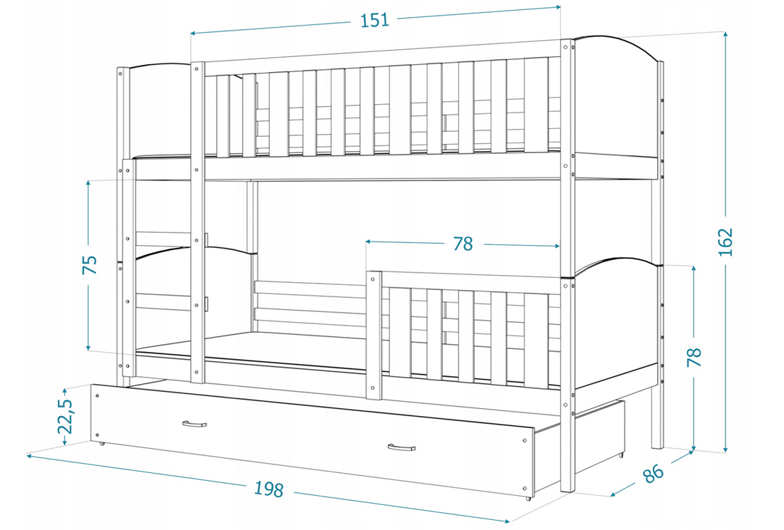 Dětská patrová postel TAMI 80x190 cm s bílou konstrukcí v bílé barvě