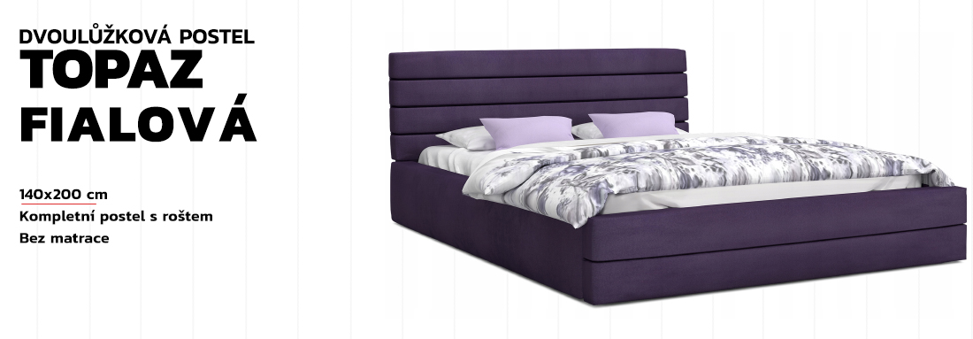 Luxusní manželská postel TOPAZ fialová 140x200 semiš s kovovým roštem