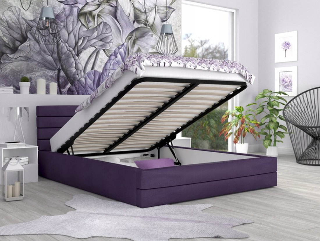 Luxusní manželská postel TOPAZ fialová 160x200 semiš s kovovým roštem