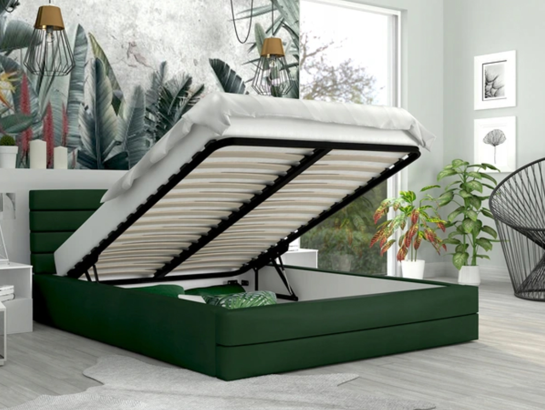 Luxusní manželská postel TOPAZ tmavě zelená 140x200 semiš s kovovým roštem