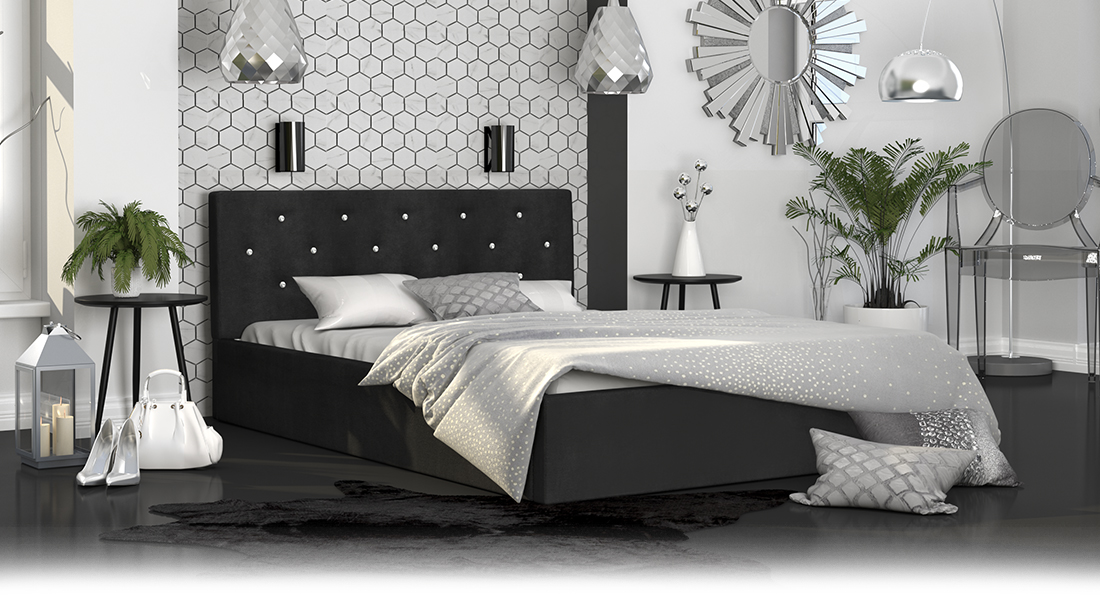 Luxusní manželská postel CRYSTAL černá 160x200 s dřevěným roštem