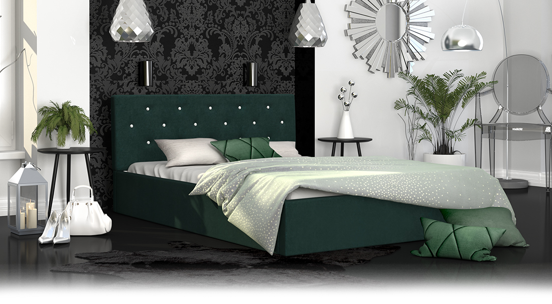 Luxusní manželská postel CRYSTAL tmavě zelená 180x200 s dřevěným roštem