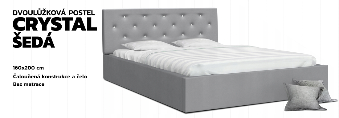 Luxusní manželská postel CRYSTAL šedá 160x200 s dřevěným roštem