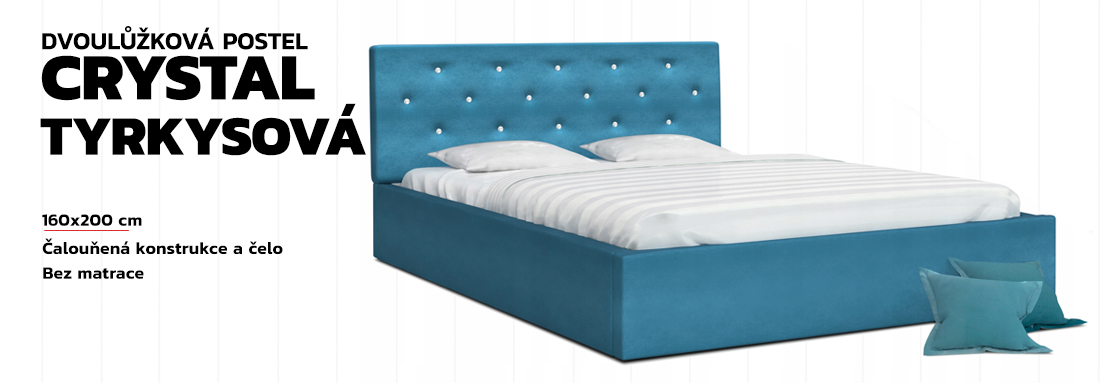 Luxusní manželská postel CRYSTAL tyrkysová 160x200 s dřevěným roštem