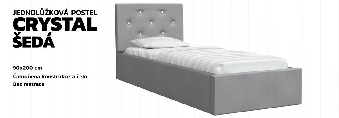 Luxusní manželská postel CRYSTAL šedá 90x200 s kovovým roštem