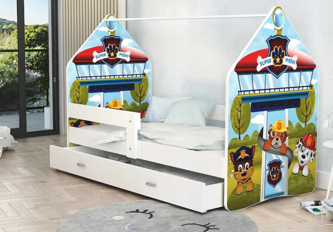 Detská posteľ DAISY DOMČEK 160 x 80 cm so šuplíkom BIELA vzor PEJSCI 02