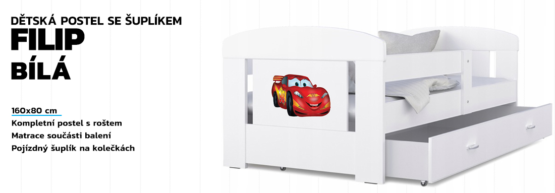 Detská posteľ 160 x 80 cm FILIP BIELA vzor LIGHTNING CAR
