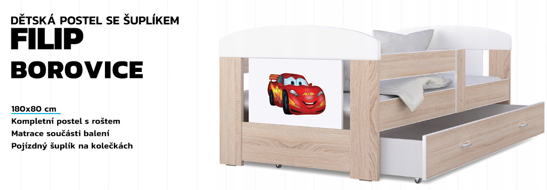 Dětská postel 180 x 80 cm FILIP BOROVICE vzor LIGHTNING CAR