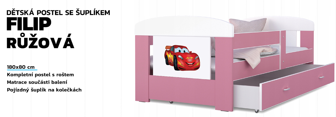 Detská posteľ 180 x 80 cm FILIP RUŽOVÁ vzor LIGHTNING CAR