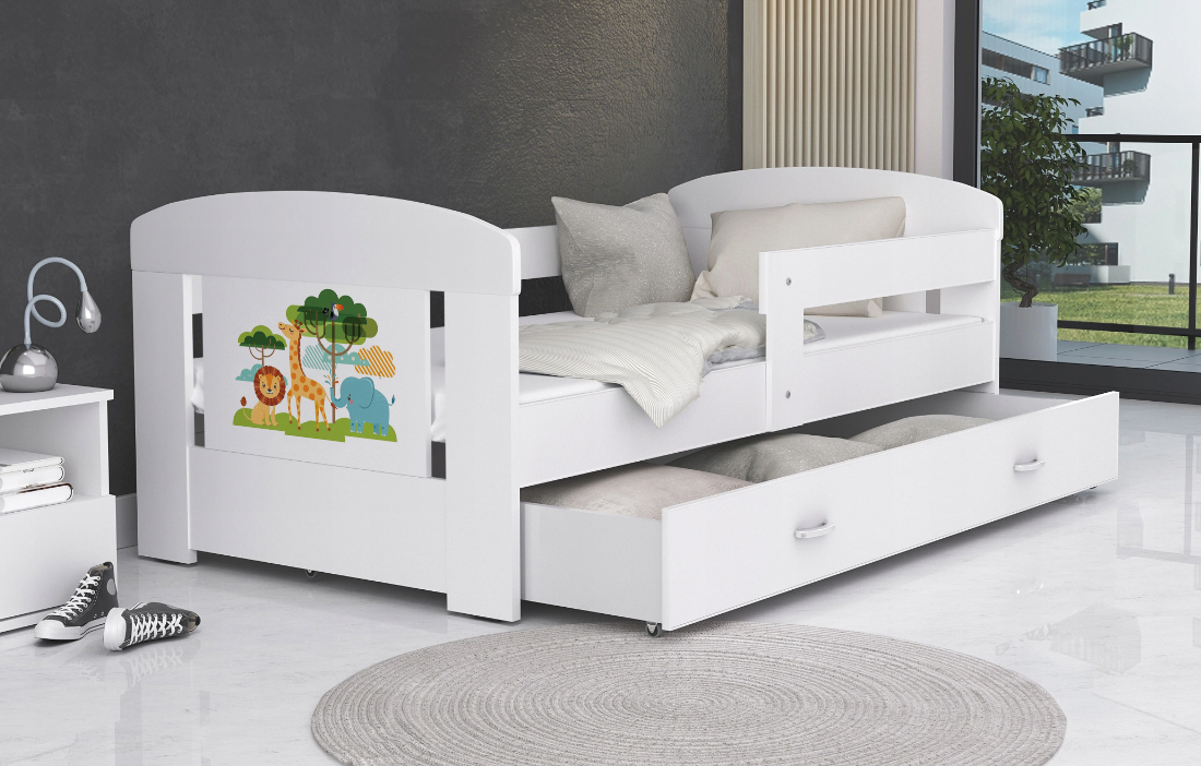 Detská posteľ 180 x 80 cm FILIP BIELA vzor ZVIERATKA