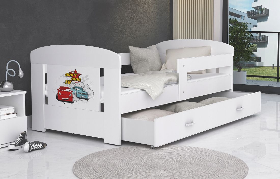 Detská posteľ 160 x 80 cm FILIP BIELA vzor AUTA
