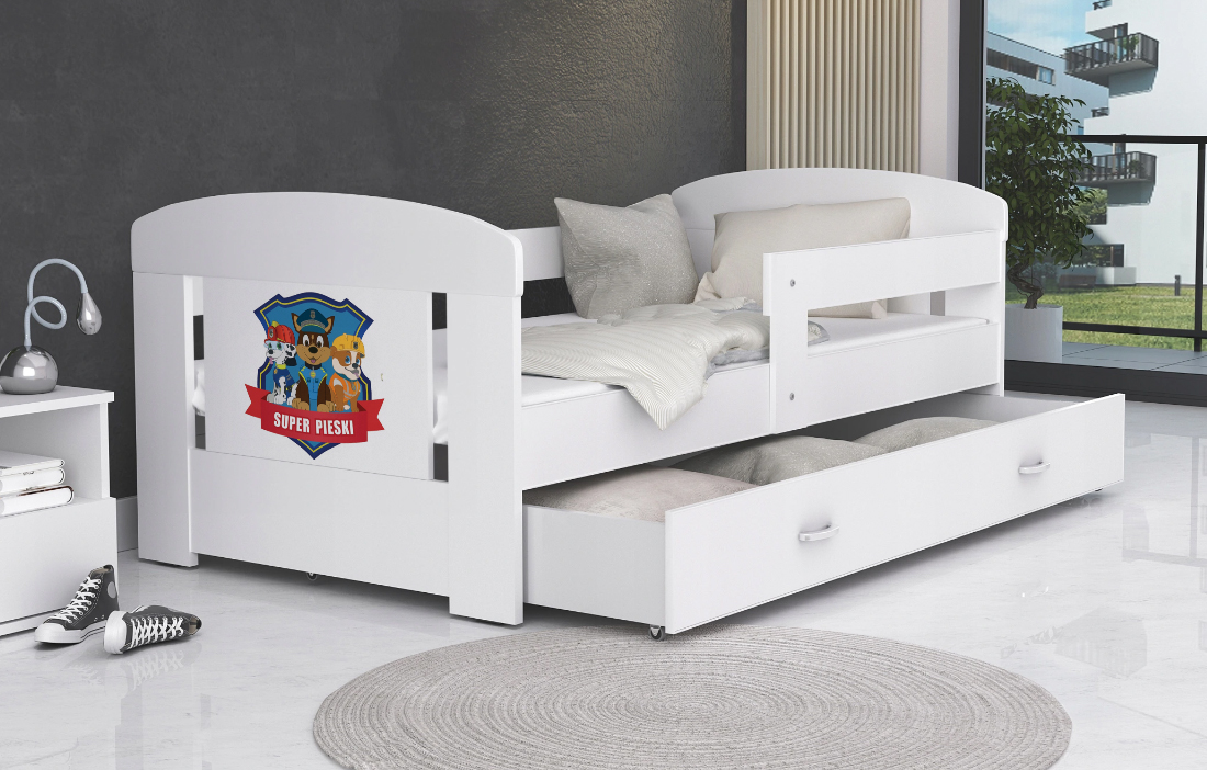 Dětská postel 160 x 80 cm FILIP BÍLÁ vzor SUPER PSI