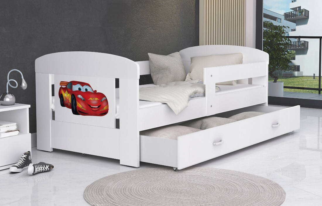 Dětská postel 160 x 80 cm FILIP BÍLÁ vzor LIGHTNING CAR