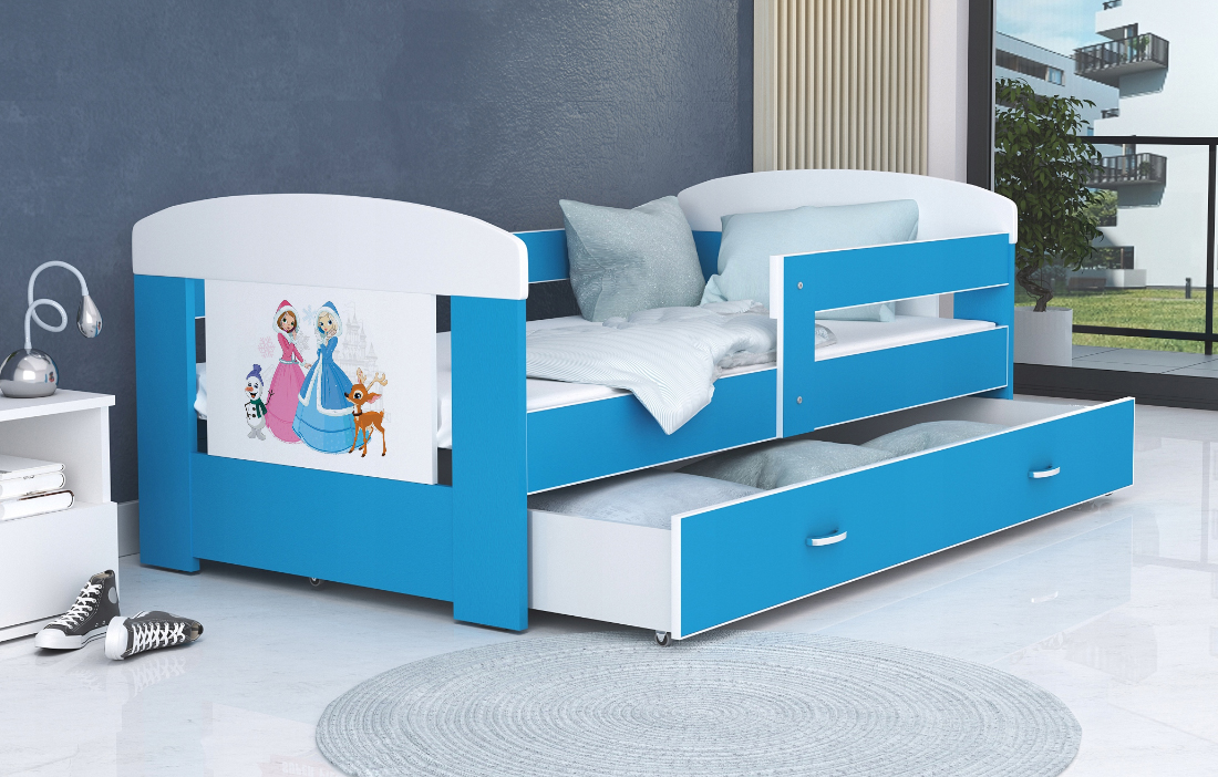 Detská posteľ 180 x 80 cm FILIP MODRÁ vzor PRINCEZNY