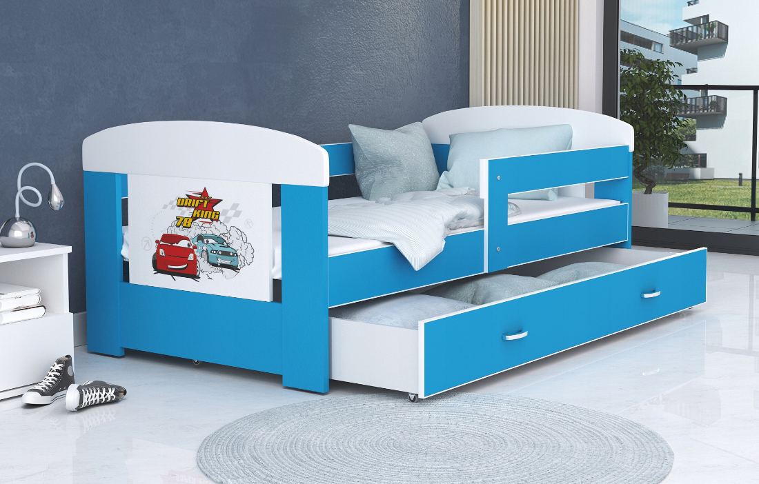 Detská posteľ 180 x 80 cm FILIP MODRÁ vzor AUTA