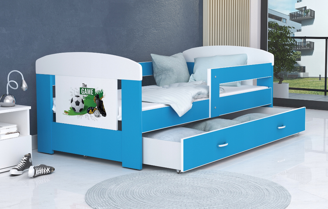 Detská posteľ 180 x 80 cm FILIP MODRÁ vzor FUTBAL