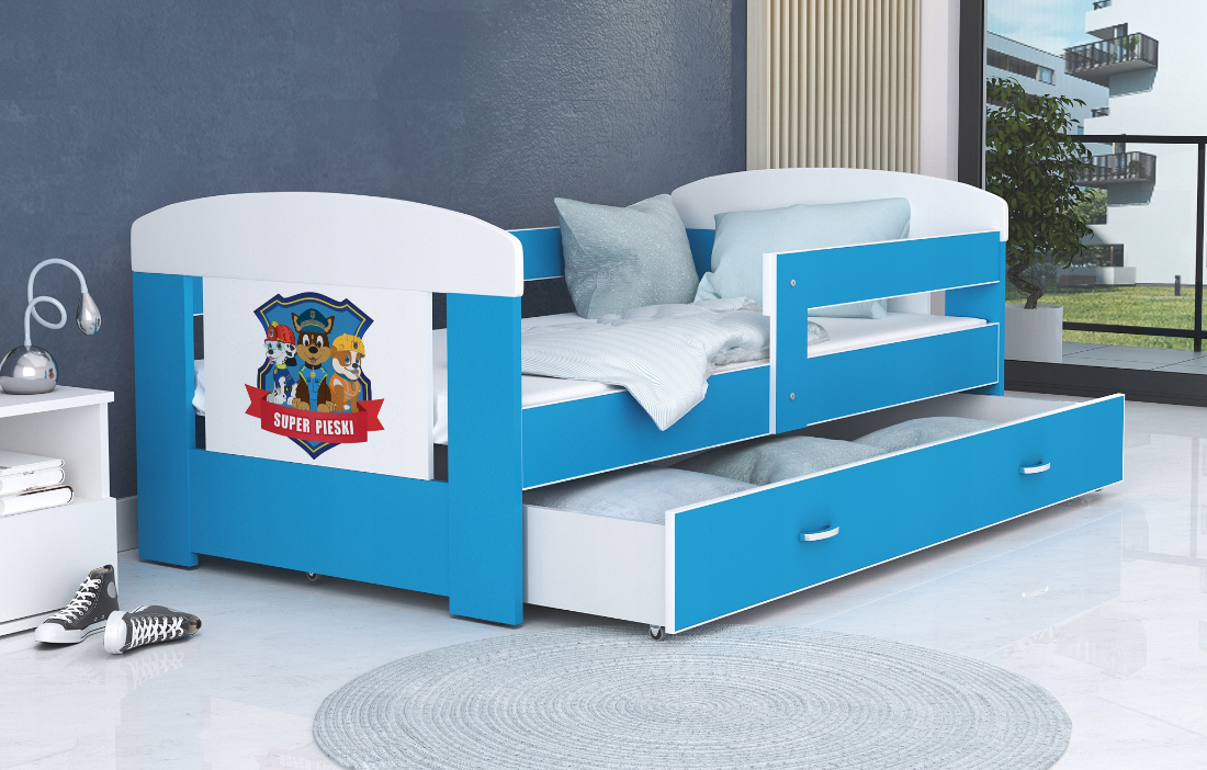 Dětská postel 180 x 80 cm FILIP MODRÁ vzor SUPER PSI