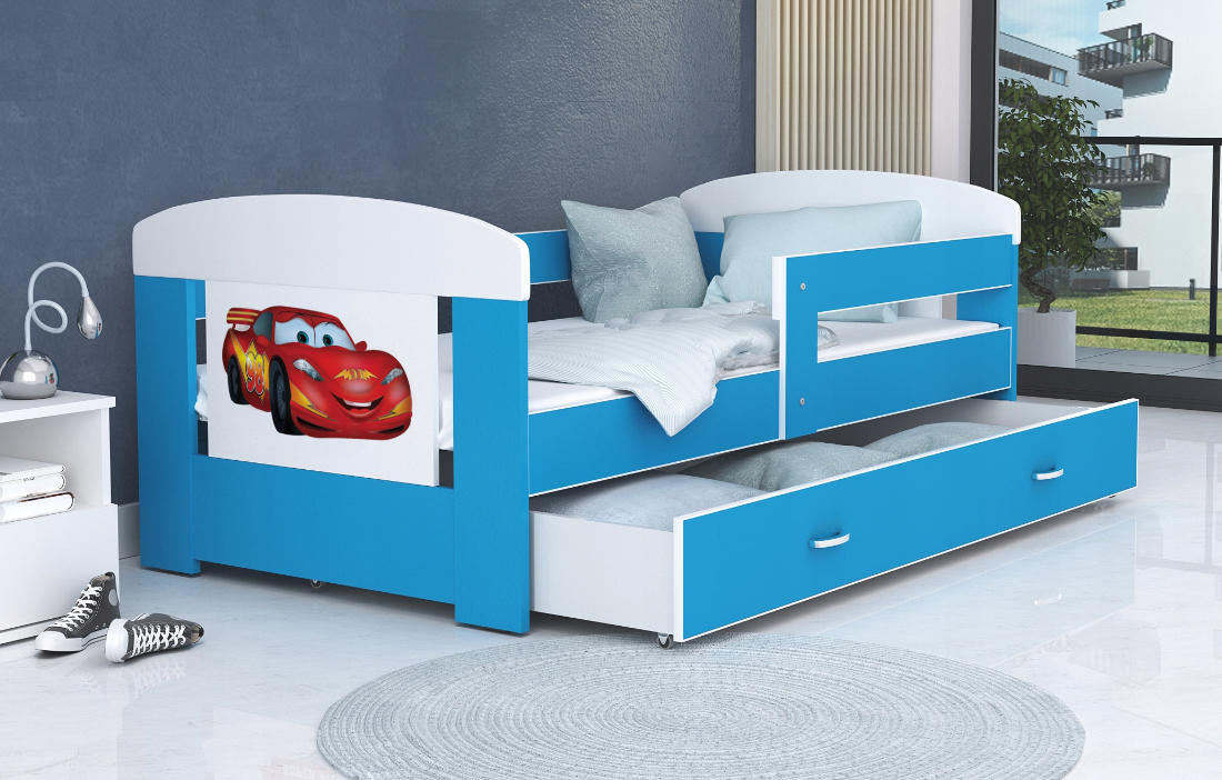 Detská posteľ 180 x 80 cm FILIP MODRÁ vzor LIGHTNING CAR