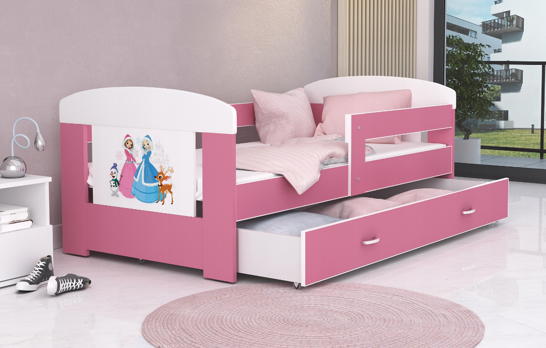 Dětská postel 180 x 80 cm FILIP RŮŽOVÁ vzor PRINCEZNY