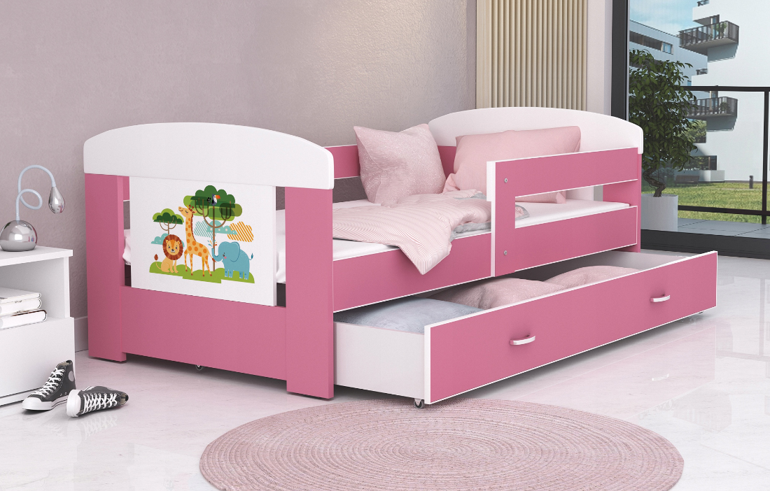 Detská posteľ 180 x 80 cm FILIP RUŽOVÁ vzor ZVIERATKA