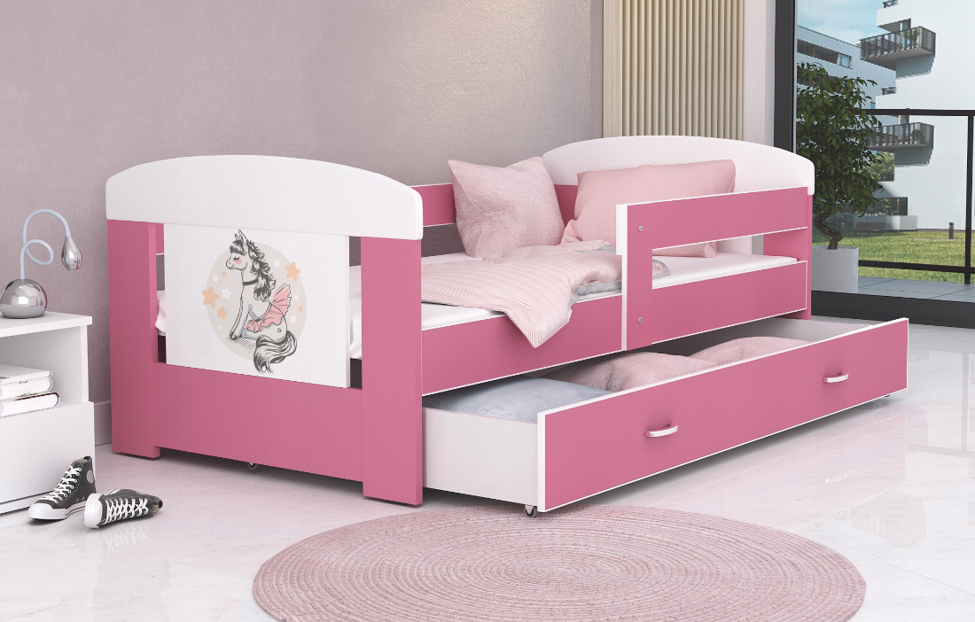 Detská posteľ 180 x 80 cm FILIP RUŽOVÁ vzor PONÍK