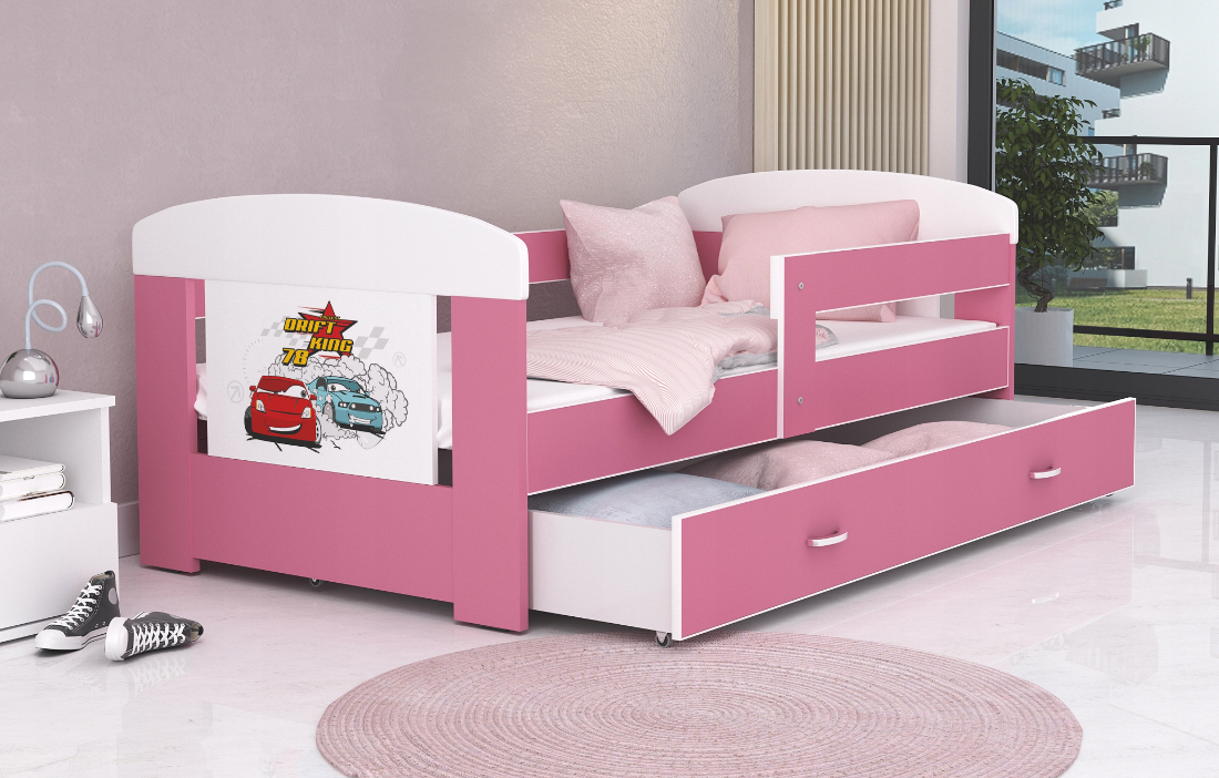 Detská posteľ 180 x 80 cm FILIP RUŽOVÁ vzor AUTA