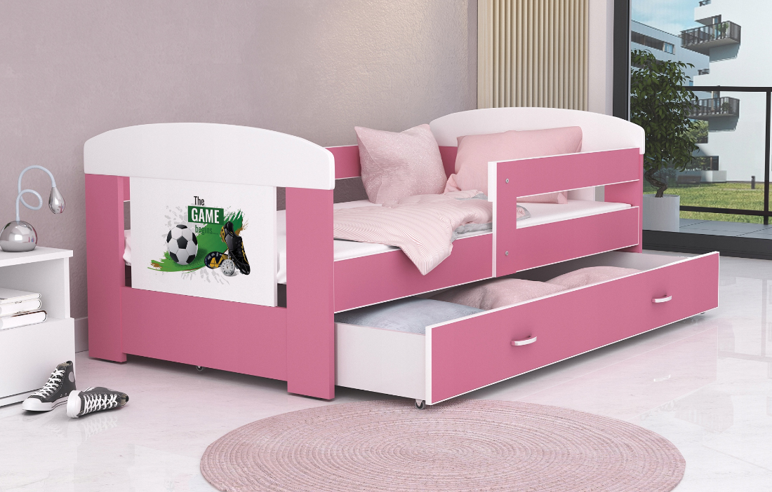 Detská posteľ 180 x 80 cm FILIP RUŽOVÁ vzor FUTBAL