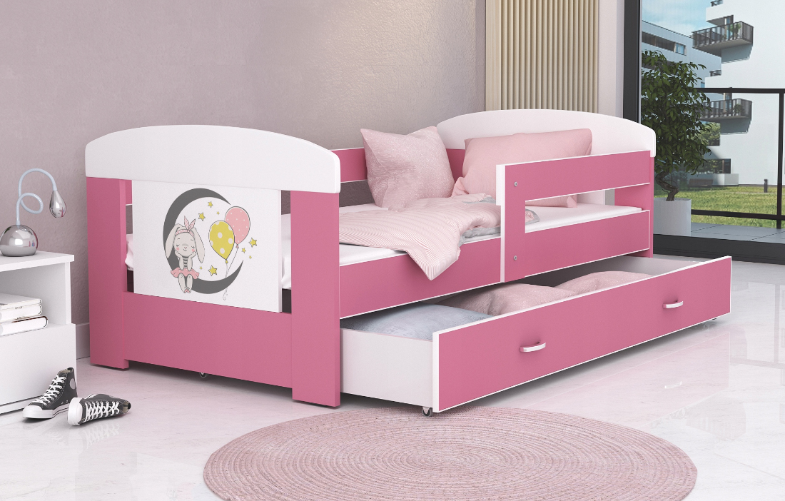 Detská posteľ 180 x 80 cm FILIP RUŽOVÁ vzor ZAJAČIK