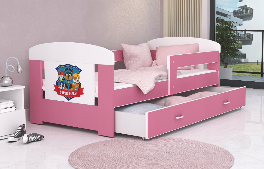 Dětská postel 180 x 80 cm FILIP RŮŽOVÁ vzor SUPER PSI