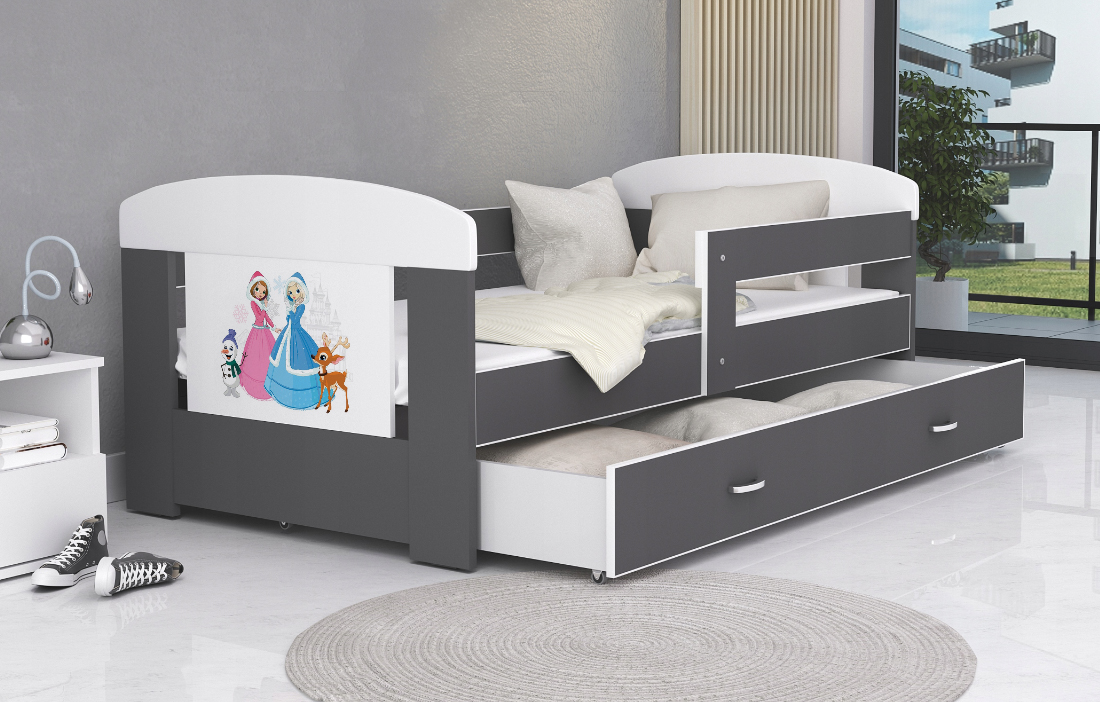 Dětská postel 180 x 80 cm FILIP ŠEDÁ vzor PRINCEZNY