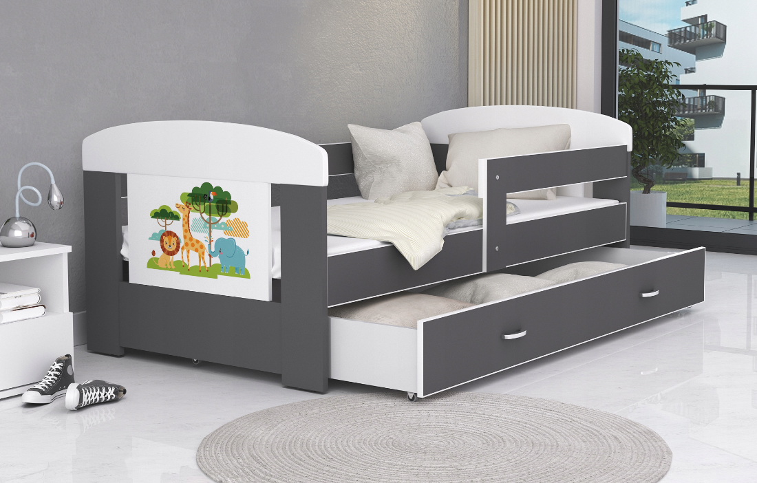 Detská posteľ 180 x 80 cm FILIP ŠEDÁ vzor ZVIERATKA