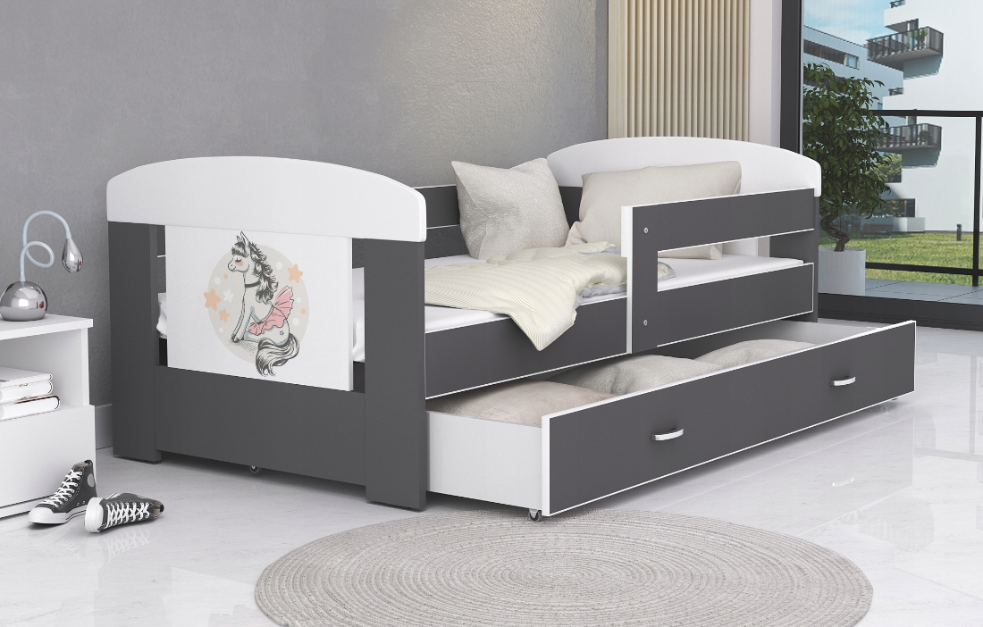 Detská posteľ 180 x 80 cm FILIP ŠEDÁ vzor PONÍK