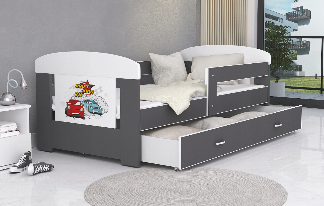 Detská posteľ 180 x 80 cm FILIP ŠEDÁ vzor AUTA