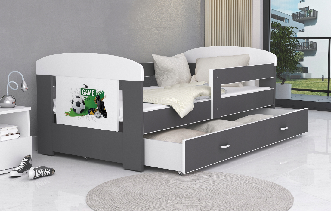 Dětská postel 180 x 80 cm FILIP ŠEDÁ vzor FOTBAL