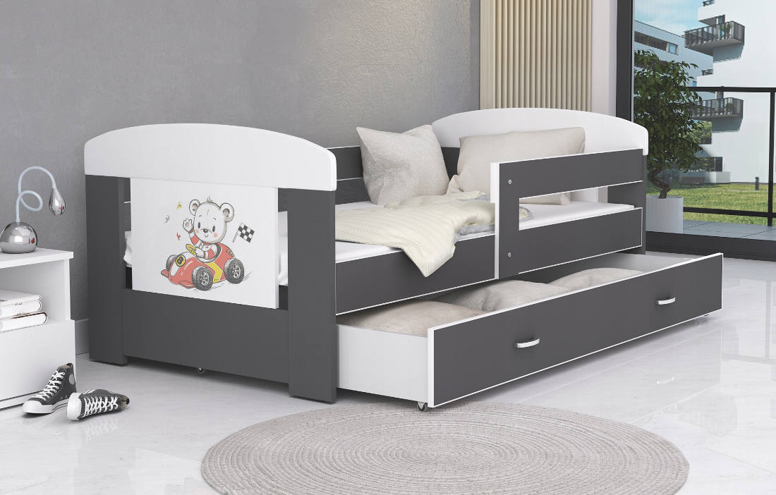 Dětská postel 180 x 80 cm FILIP ŠEDÁ vzor MEDVÍDEK
