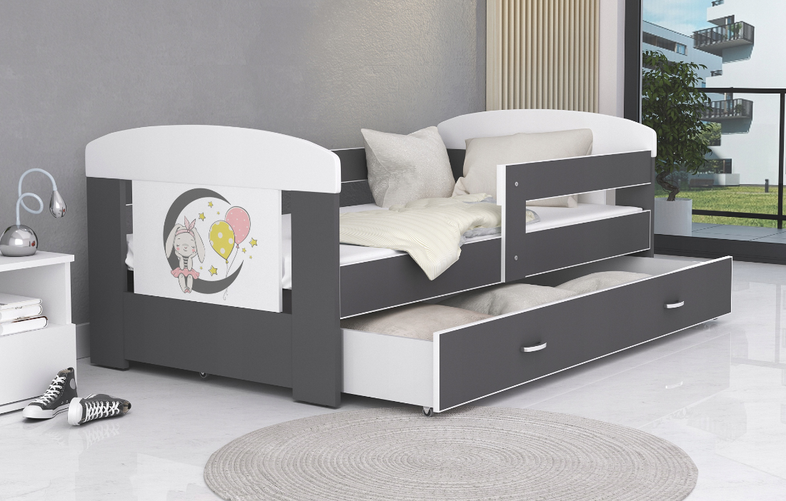 Detská posteľ 180 x 80 cm FILIP ŠEDÁ vzor ZAJAČIK