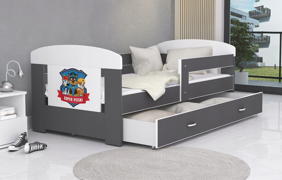 Dětská postel 180 x 80 cm FILIP ŠEDÁ vzor SUPER PSI