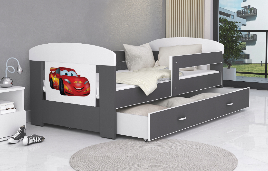 Detská posteľ 180 x 80 cm FILIP ŠEDÁ vzor LIGHTNING CAR