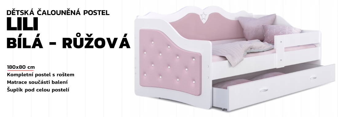 Dětská postel LILI 80x180cm s bílou konstrukcí a s růžovým čalouněním