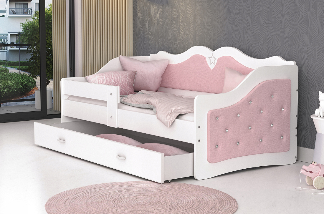 Dětská postel LILI 80x160cm s bílou konstrukcí a s růžovým čalouněním