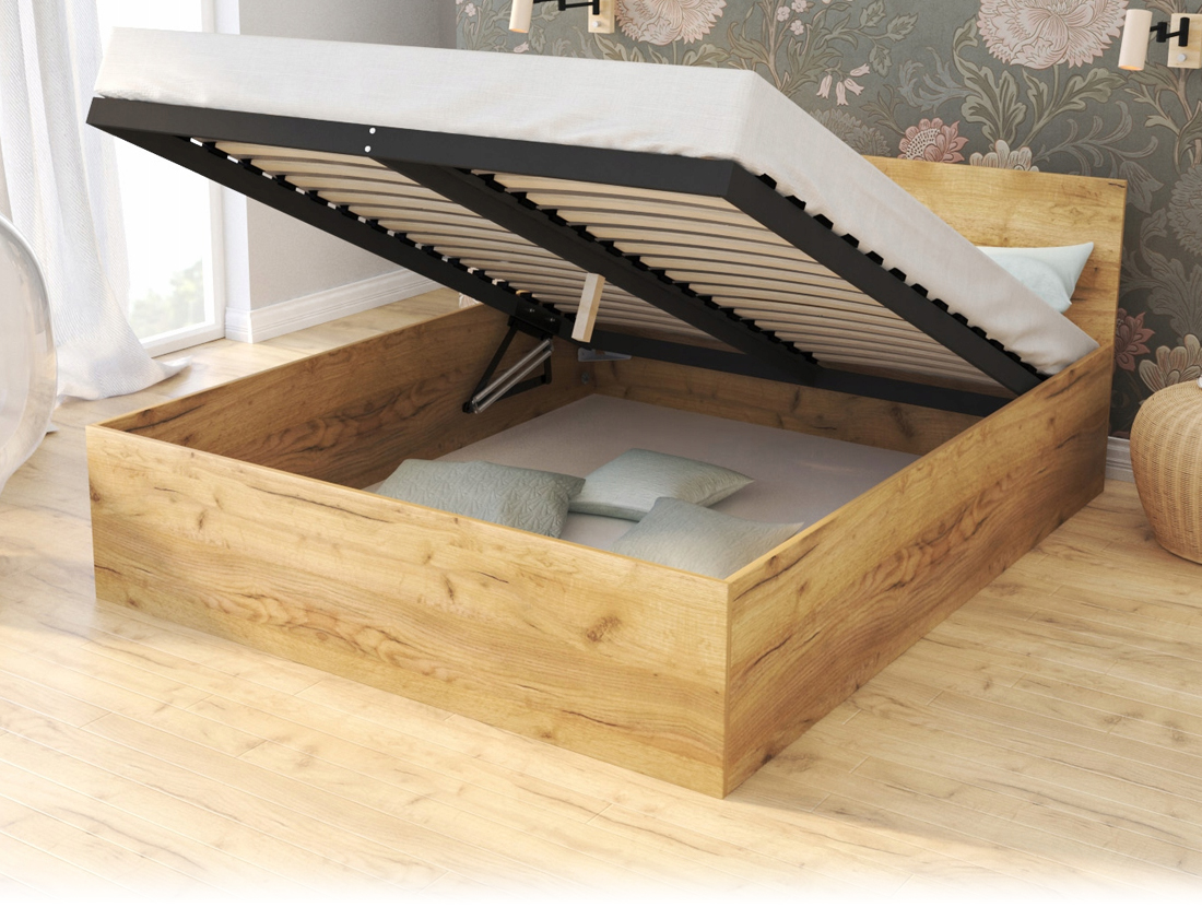 Manželská postel PANAMA 140x200 se zvedacím dřevěným roštem DUB DUB