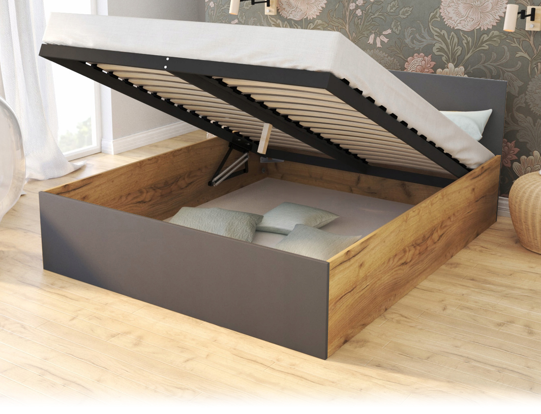 Manželská postel PANAMA 160x200 se zvedacím dřevěným roštem DUB ŠEDÁ